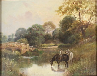 R Hindmarsh, oil on canvas, study of horses drinking from a stream with distant trees, signed 9 1/2" x 12" 