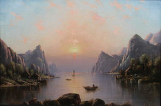 N H Christansen, oil on canvas, a sunset Continental riverscape with figures, boats and buildings,  23" x 35" 