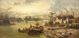 Chris Wyllie, oil on canvas, a moonlit study of the Thames with figures, barges and boats, signed 11" x 23" 