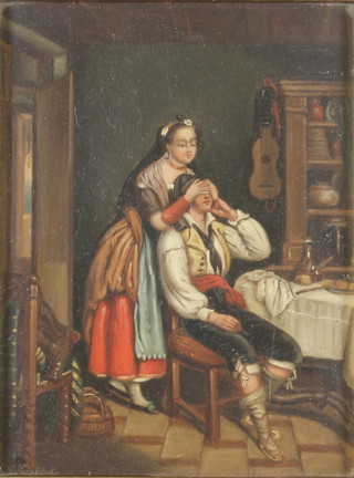 19th Century oil painting on panel, a Continental interior scene with a lady and gentleman, 8" x 6" 