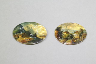 A pair of 19th Century German landscapes on mother of pearl 2" x 1 1/2" 