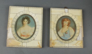 20th Century miniatures, oval studies of ladies, watercolours 3 1/2" x 2 1/2" in piano key frames 