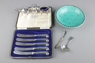 A 3 piece silver plated cruet set, a cased set and minor items
