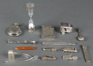 A repousse silver whistle and 13 silver items, 64 grams 