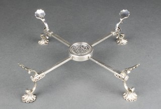 A George III silver dish cross with pierced centre and scroll supports with shell feet, London 1757, maker Samuel L Herbert & Co, 422 grams 