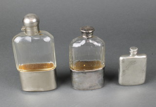 A silver plated mounted glass hip flask and 2 others 