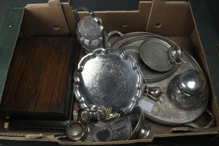 A cut glass silver plated mounted inkwell and minor plated items 