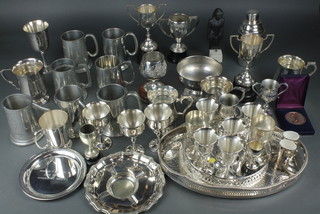 A silver plated Art Deco cocktail shaker, minor plated trophy cups, pewter mugs etc 