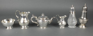 A cut glass silver mounted sugar shaker and minor plated items 