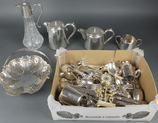A silver plated 4 piece tea and coffee set, a miniature clock, a quantity of Kings Pattern cutlery etc 