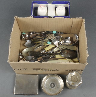 A silver engine turned cigarette case, a quantity of silver plated cutlery and minor items