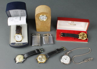 A gentleman's gilt cased Omega automatic wristwatch, boxed and minor watches and 2 Ronson lighters