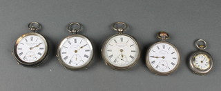 3 silver cased key wind pocket watches and 2 others 