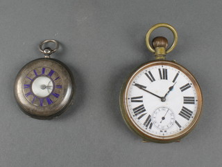 A silver and enamel half hunter pocket watch, a silver plated Goliath ditto 