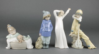 4 Nao figures - a young girl with dog in a basket 4", a child in a night dress 8", a child with rucksack 6" and a seated clown 
