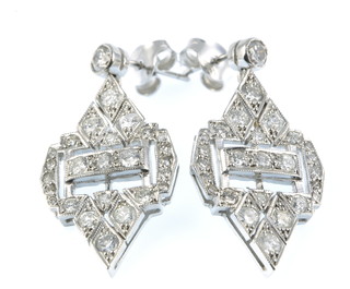 A pair of 18ct white gold Art Deco style diamond drop earrings, approx. 2ct 