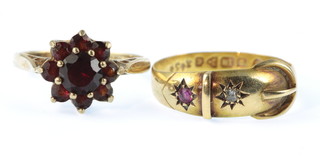 An 18ct gem set buckle ring size O, a 9ct gold gem set ring size K 