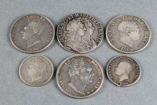 Early coins, a William and Mary half crown, a George III, George IV and William IV half crown, 2 George IV shillings 