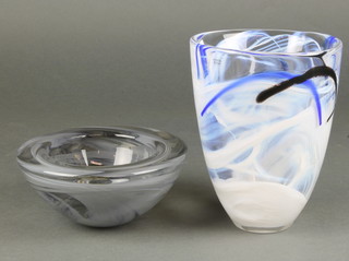 A modern Kosta Boda 2 colour free form glass vase 9" and a ditto bowl 5" 