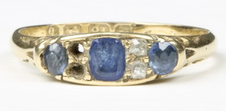 A Victorian 18ct gold sapphire and diamond ring with 3 sapphires and 2 ex 4 diamonds, size N