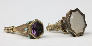 A gold turquoise set amethyst seal watch key, a ditto seal
