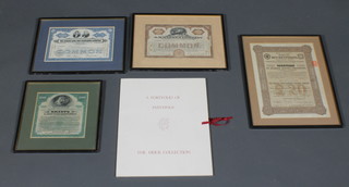 4 framed share certificates, a folio of modern prints