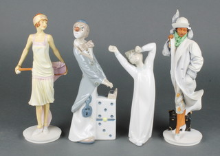 A Royal Doulton figure - Bernadette 12", a ditto Anyone for Tennis 12", a Lladro figure of a child in a nightgown and a Casades figure of a clown 