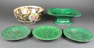 An Imari style fruit bowl decorated with flowers 11", a Victorian green leaf 2 handled tazza and 2 ditto plates