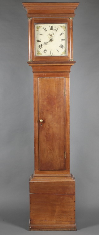 A 17th/18th Century 30 hour longcase clock with bird cage movement, the 11" square painted dial decorated birds with floral spandrels and Roman numerals, makers name illegible, contained in a mahogany case, later in parts, 79" 