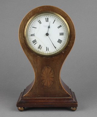 Mappin & Webb, an Edwardian timepiece with enamelled dial and Roman numerals contained in an inlaid mahogany balloon case