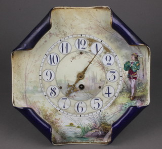 A Victorian Continental mantel timepiece with Arabic numerals contained in a square shaped porcelain case decorated a classical figure amidst woods 10" x 10" 