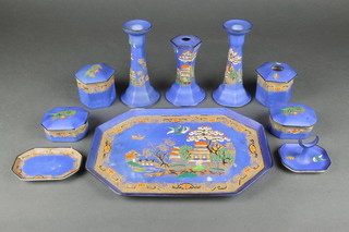 An Art Deco 10 piece dressing table set with chinoiserie decoration 