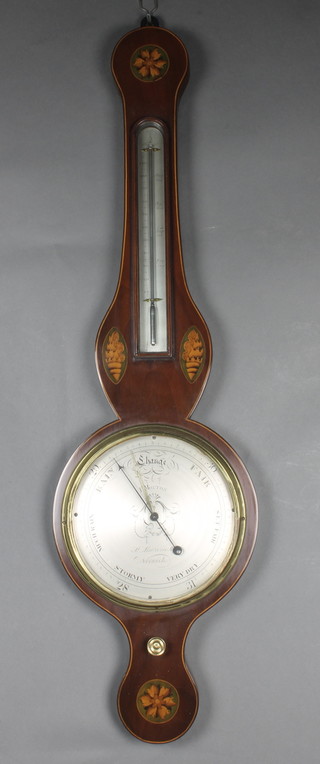 F Molton of St Lawrence Steps, Norwich, a 19th Century mercury wheel barometer and thermometer contained in an inlaid mahogany case with silvered dial  