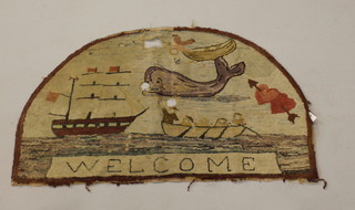 A demi-lune shaped wool work rug decorated a whaler, whale and tender, marked welcome 24" x 40", some holes
