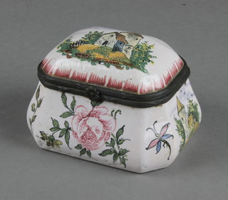 A 19th Century Continental octagonal bombe porcelain gilt metal mounted trinket box with panels of buildings and flowers 3" 