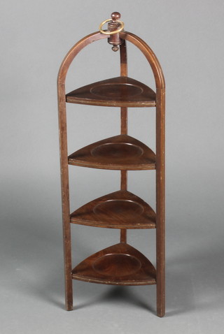 An Edwardian mahogany 4 tier triangular shaped mahogany and brass inlaid cake stand 35"