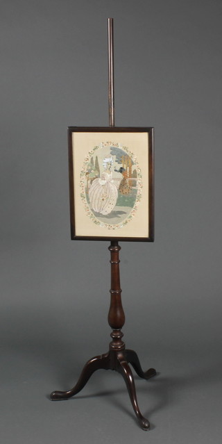 A mahogany pole screen with rectangular stitch work banner, on a pillar and tripod base 