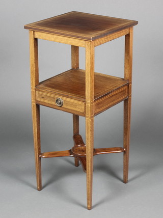 An Edwardian inlaid mahogany 2 tier night table fitted a drawer with X framed stretcher, raised on square tapering supports 32"h x 14"w x 13 1/2"d 