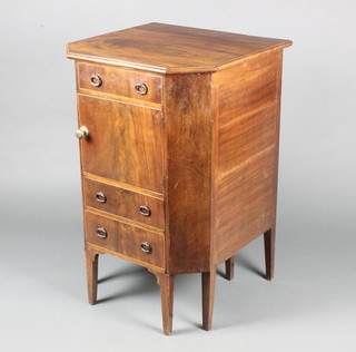 A 19th Century Continental shaped mahogany commode fitted a cupboard and bidet drawer, raised on square tapering supports 33"h x 22 1/2"w x 21"d 