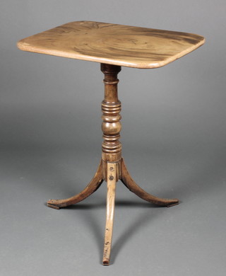 A rectangular Regency mahogany snap top wine table, raised on ring turned and tripod base 29"h x 22 1/2"w x 16"d 