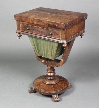 A William IV rosewood work/games table, the lid inlaid a chessboard, fitted 1 long drawer above a basket, raised on a turned column, circular base and paw feet 29"h x 20"w x 15"d 