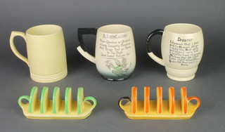 A Wedgwood Keith Murray matt straw mug 7", 2 Carltonware ditto and 2 Carltonware toast racks 