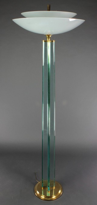 GIO PONTI designed The companion lamp to lot 1034, an Art Deco style glass and gilt mounted uplighter, formed from 4 straight sections of glass and with opaque glass shade etched signs of the Zodiac 73"h x 24" diam. 