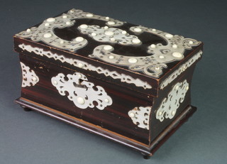 A Victorian rectangular pine trinket box of waisted form with faux ivory decoration and hinged lid 5"h x 9"w x 6"d 