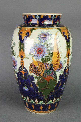 A Rozenburg oviform vase decorated with exotic birds amongst flowers 19" 
