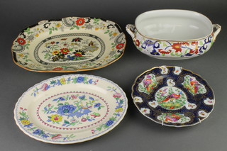 A Worcester style blue ground cabinet plate decorated with panels of exotic birds 9", a tureen and 2 meat plates 