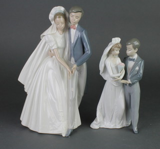 A Lladro figure group of a bride groom 588 5", a Nao figure group of a bride and groom 10" 