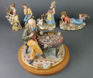 A Capodimonte figure of a jeweller 7" and 4 other figure groups
