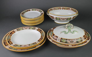 A Wedgwood Clarence pattern dinner service comprising 10 dinner plates, tureen and cover, a bowl and 3 serving plates