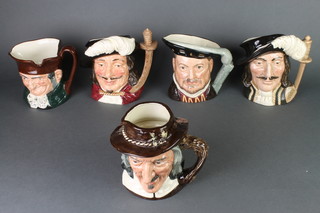 5 Royal Doulton character jugs - Athos D6429 7", Porthos D6440 7", Isaac Walton D6404 7", Henry VIII D6642 7" and Old Charlie D5420 7" 